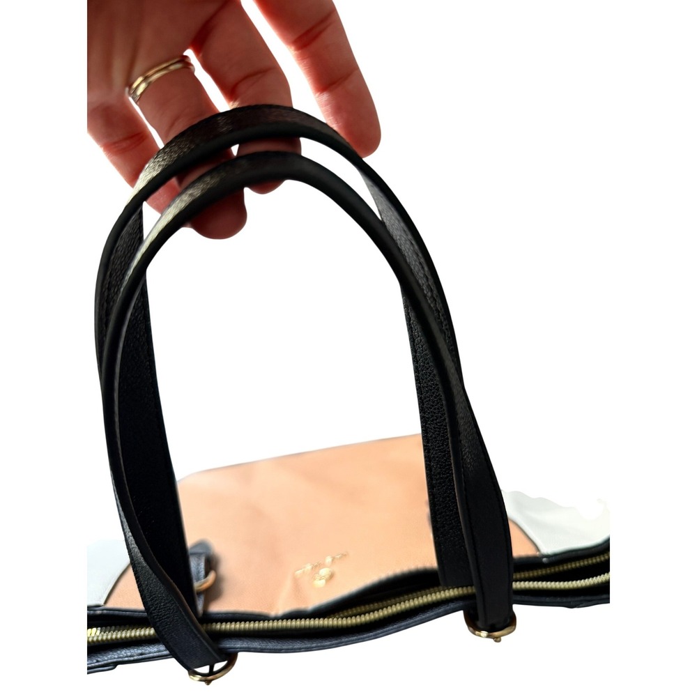 Nine West Tri-Tone Colorblock Tote Bag Tan Cream Black Gold Tone Zip Top Handbag - Picture 3 of 4